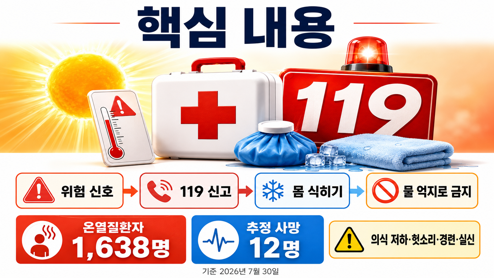 폭염 온열질환 추정 사망 12명…의식 저하 땐 119, 응급처치 순서 - 핵심 내용 핵심 내용을 정리한 정보형 이미지