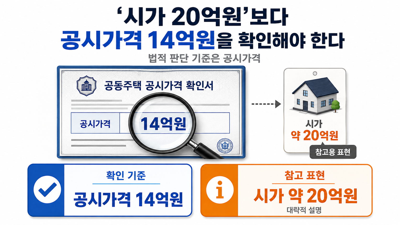 2026 1주택 종부세 20억원 적용 시기｜정부안은 2027년분부터 - ‘시가 20억원’보다 공시가격 14억원을 확인해야 한다 핵심 내용을 정리한 정보형 이미지