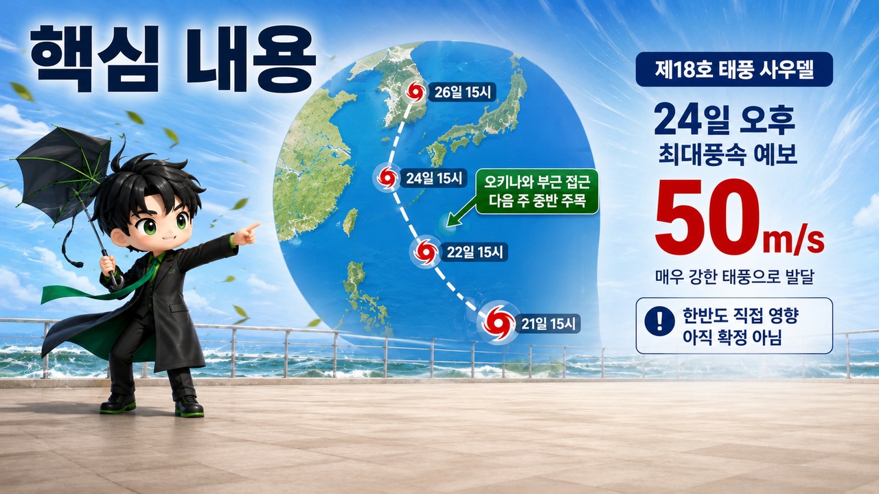 태풍 사우델 북상, 24일 최대풍속 50m/s 예보…한반도 영향은 아직 유동적 - 핵심 내용 핵심 내용을 정리한 정보형 이미지