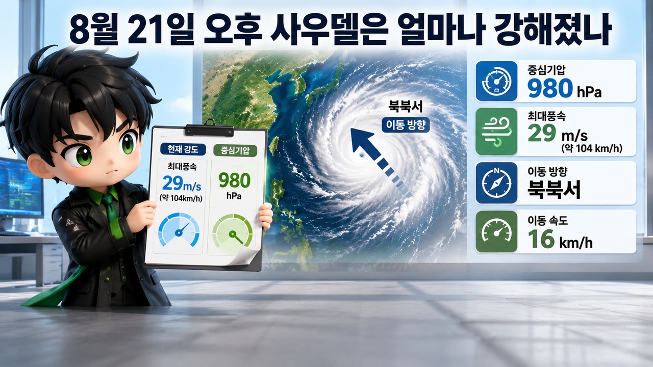 태풍 사우델 북상, 24일 최대풍속 50m/s 예보…한반도 영향은 아직 유동적 - 8월 21일 오후 사우델은 얼마나 강해졌나 핵심 내용을 정리한 정보형 이미지