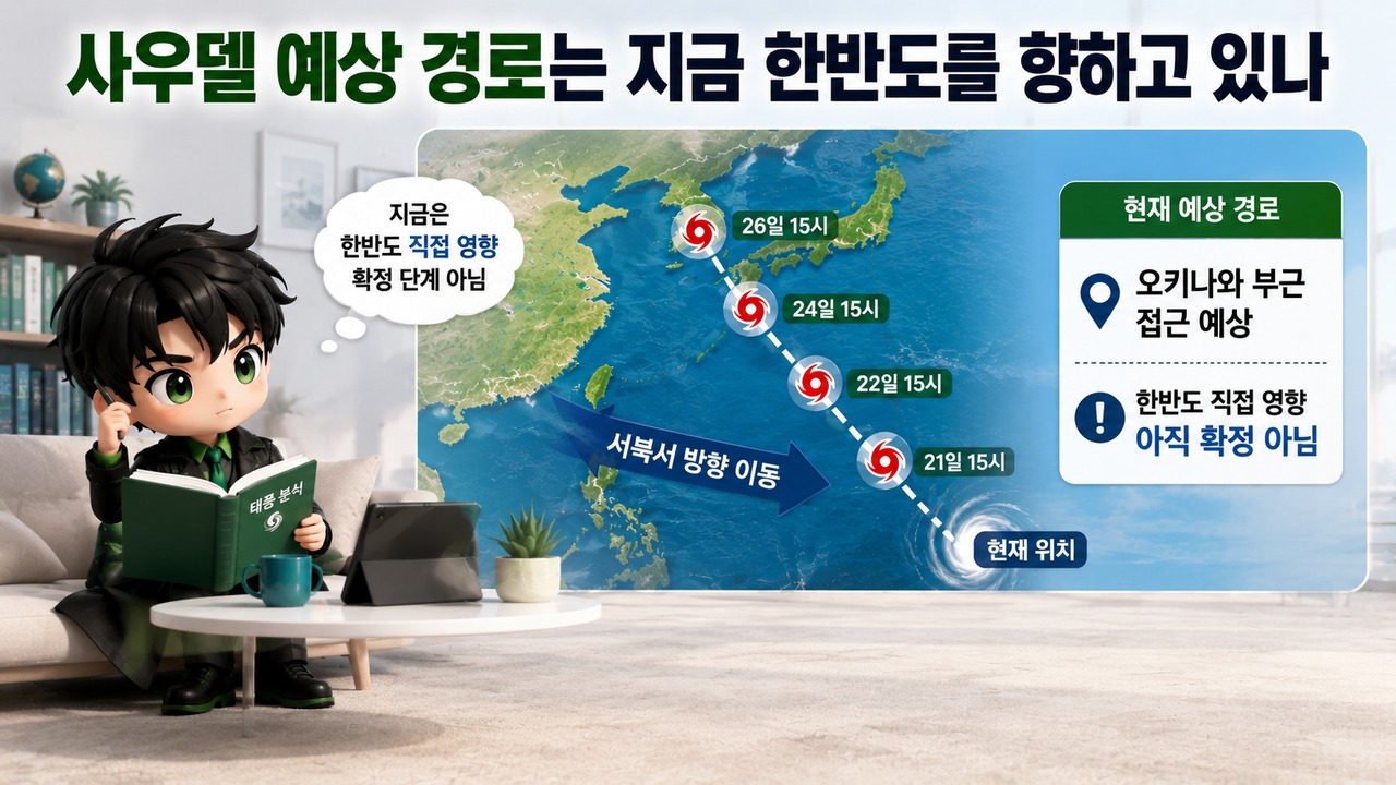 태풍 사우델 북상, 24일 최대풍속 50m/s 예보…한반도 영향은 아직 유동적 - 사우델 예상 경로는 지금 한반도를 향하고 있나 핵심 내용을 정리한 정보형 이미지