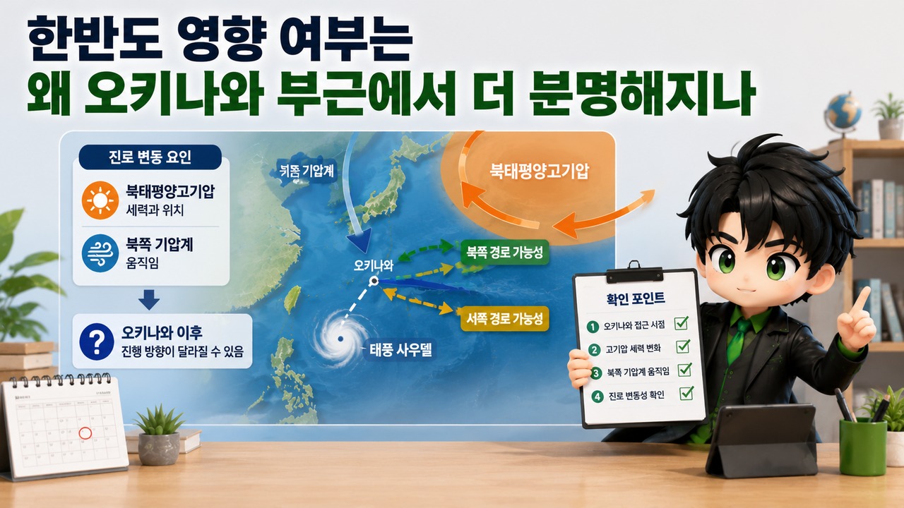 태풍 사우델 북상, 24일 최대풍속 50m/s 예보…한반도 영향은 아직 유동적 - 한반도 영향 여부는 왜 오키나와 부근에서 더 분명해지나 핵심 내용을 정리한 정보형 이미지