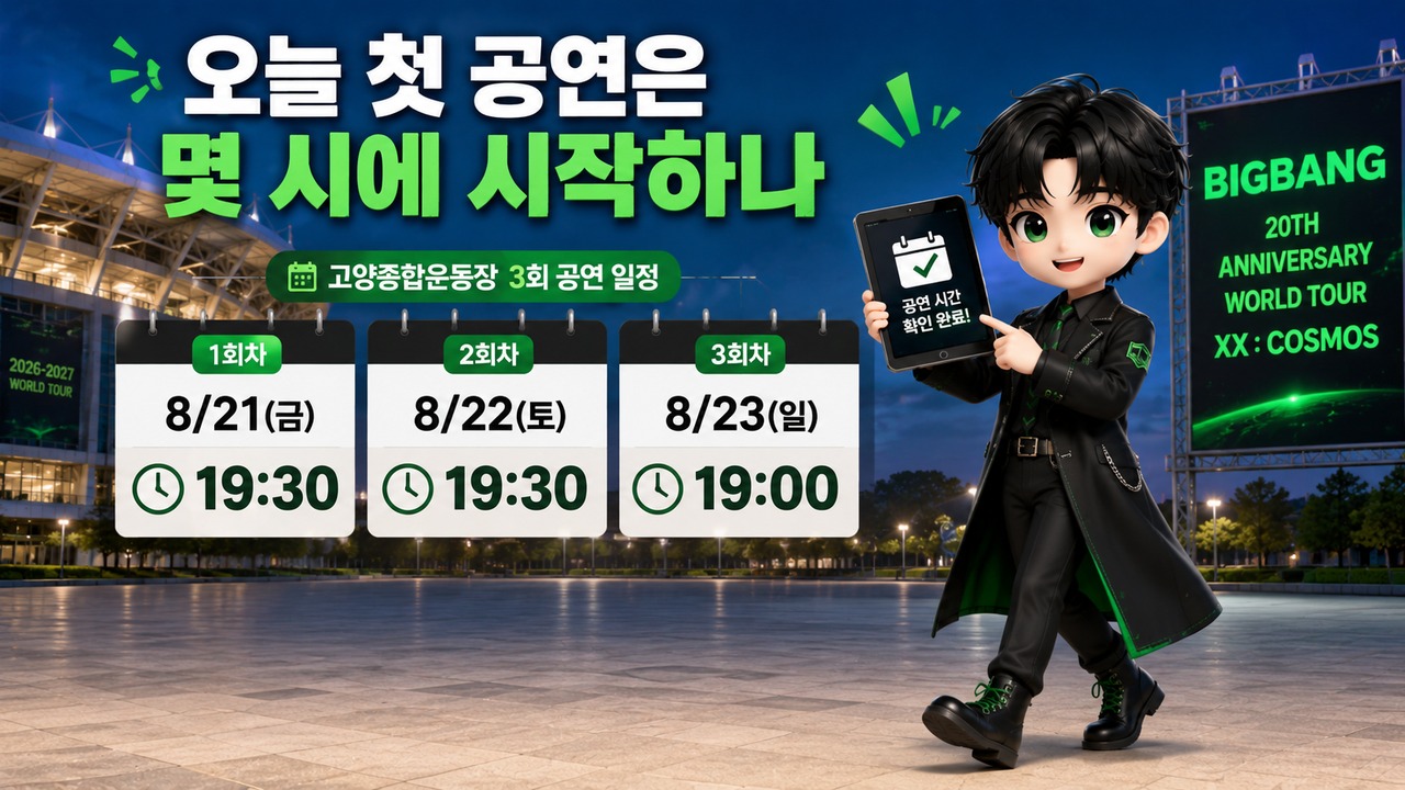 빅뱅 20주년 월드투어 오늘 고양서 시작, 첫 공연은 오후 7시 30분 - 오늘 첫 공연은 몇 시에 시작하나 핵심 내용을 정리한 정보형 이미지