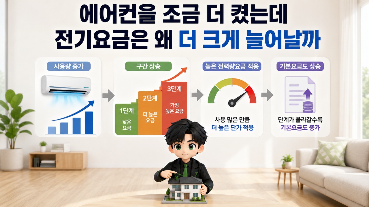 에어컨 전기요금 갑자기 많이 나온 이유, 8월 누진구간은 300·450kWh부터 확인 - 에어컨을 조금 더 켰는데 전기요금은 왜 더 크게 늘어날까 핵심 내용을 정리한 정보형 이미지