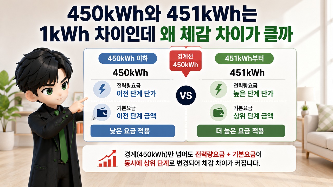 에어컨 전기요금 갑자기 많이 나온 이유, 8월 누진구간은 300·450kWh부터 확인 - 450kWh와 451kWh는 1kWh 차이인데 왜 체감 차이가 클까 핵심 내용을 정리한 정보형 이미지