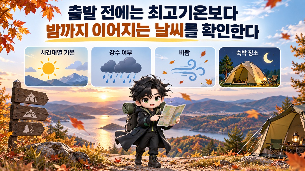 가을 캠핑·나들이 준비, 침낭보다 먼저 볼 5가지…텐트 난방·진드기·전기까지 - 출발 전에는 최고기온보다 밤까지 이어지는 날씨를 확인한다 핵심 내용을 정리한 정보형 이미지
