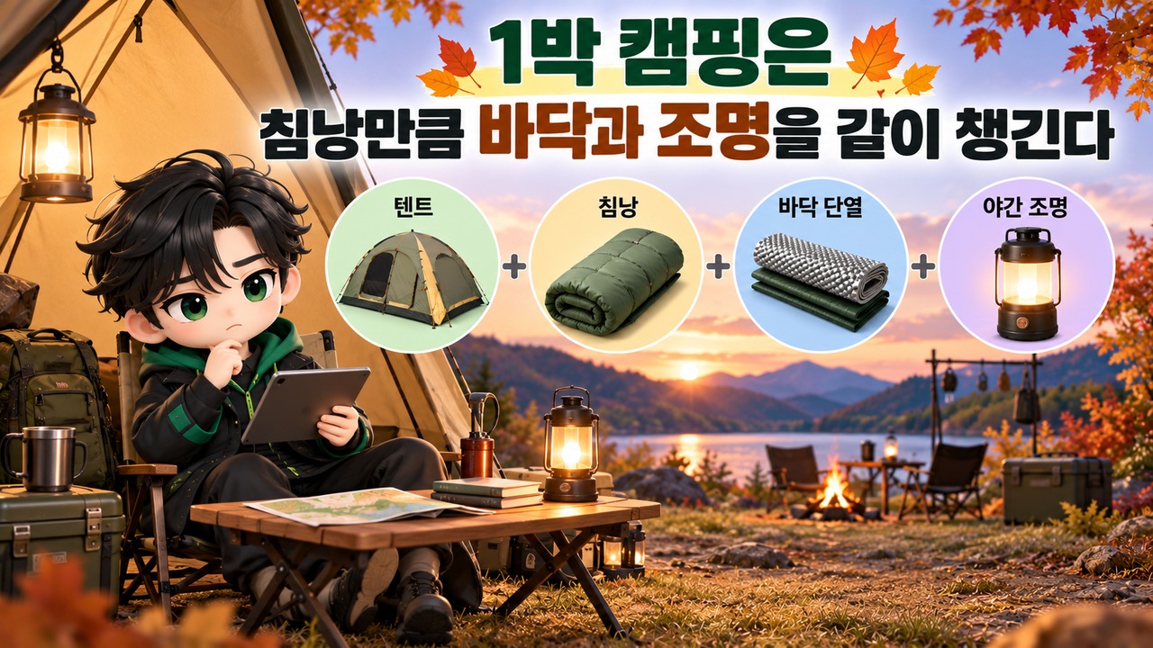 가을 캠핑·나들이 준비, 침낭보다 먼저 볼 5가지…텐트 난방·진드기·전기까지 - 1박 캠핑은 침낭만큼 바닥과 조명을 같이 챙긴다 핵심 내용을 정리한 정보형 이미지