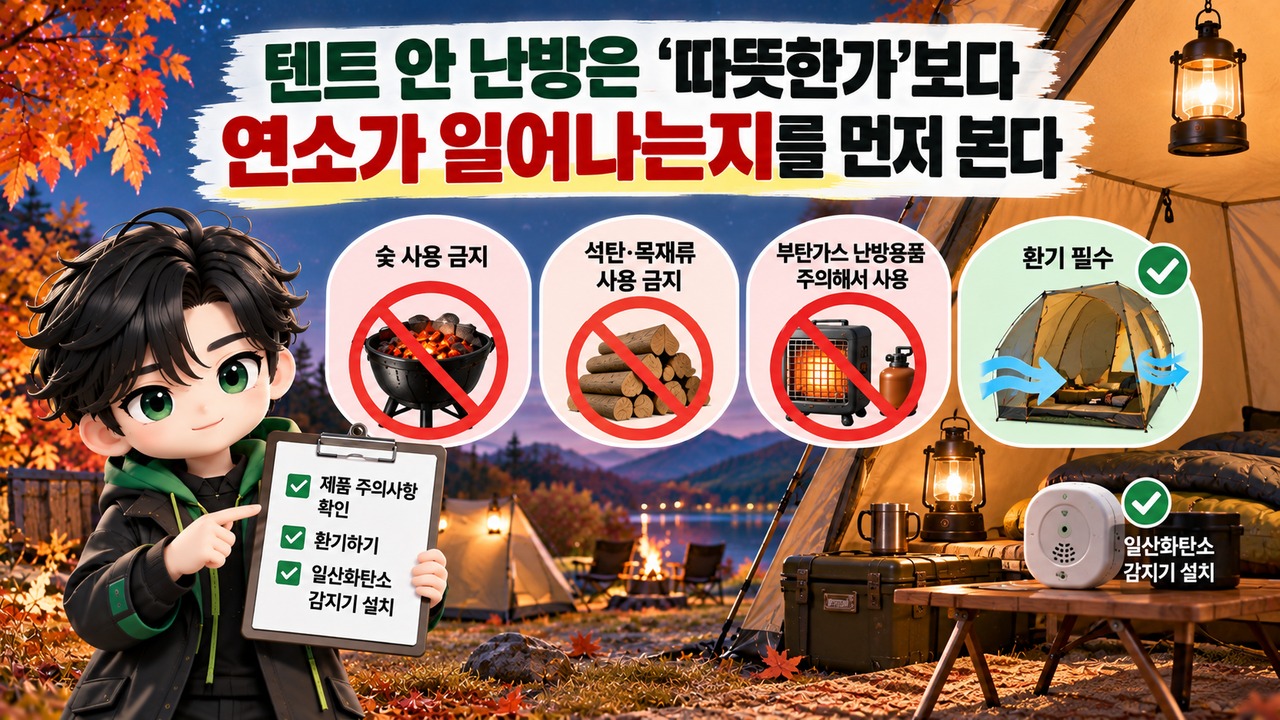 가을 캠핑·나들이 준비, 침낭보다 먼저 볼 5가지…텐트 난방·진드기·전기까지 - 텐트 안 난방은 '따뜻한가'보다 연소가 일어나는지를 먼저 본다 핵심 내용을 정리한 정보형 이미지