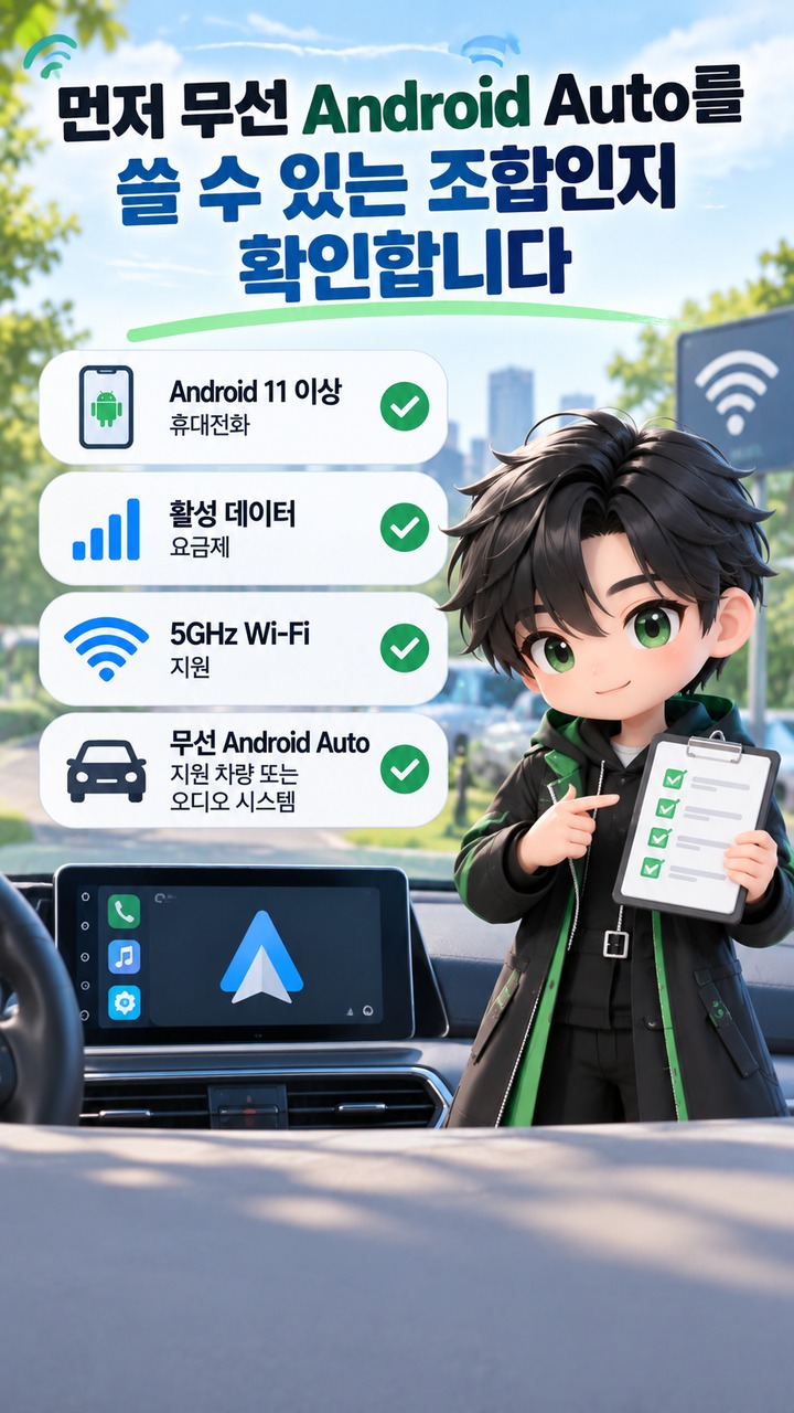 무선 Android Auto 계속 끊길 때, 휴대폰 설정부터 차량 연결 기록까지 다시 잡는 순서 - 먼저 무선 Android Auto를 쓸 수 있는 조합인지 확인합니다 핵심 내용을 정리한 정보형 이미지
