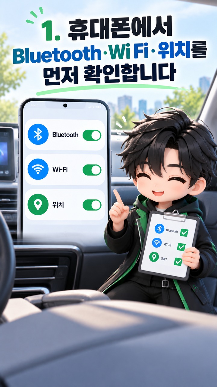 무선 Android Auto 계속 끊길 때, 휴대폰 설정부터 차량 연결 기록까지 다시 잡는 순서 - 1. 휴대폰에서 Bluetooth·Wi Fi·위치를 먼저 확인합니다 핵심 내용을 정리한 정보형 이미지
