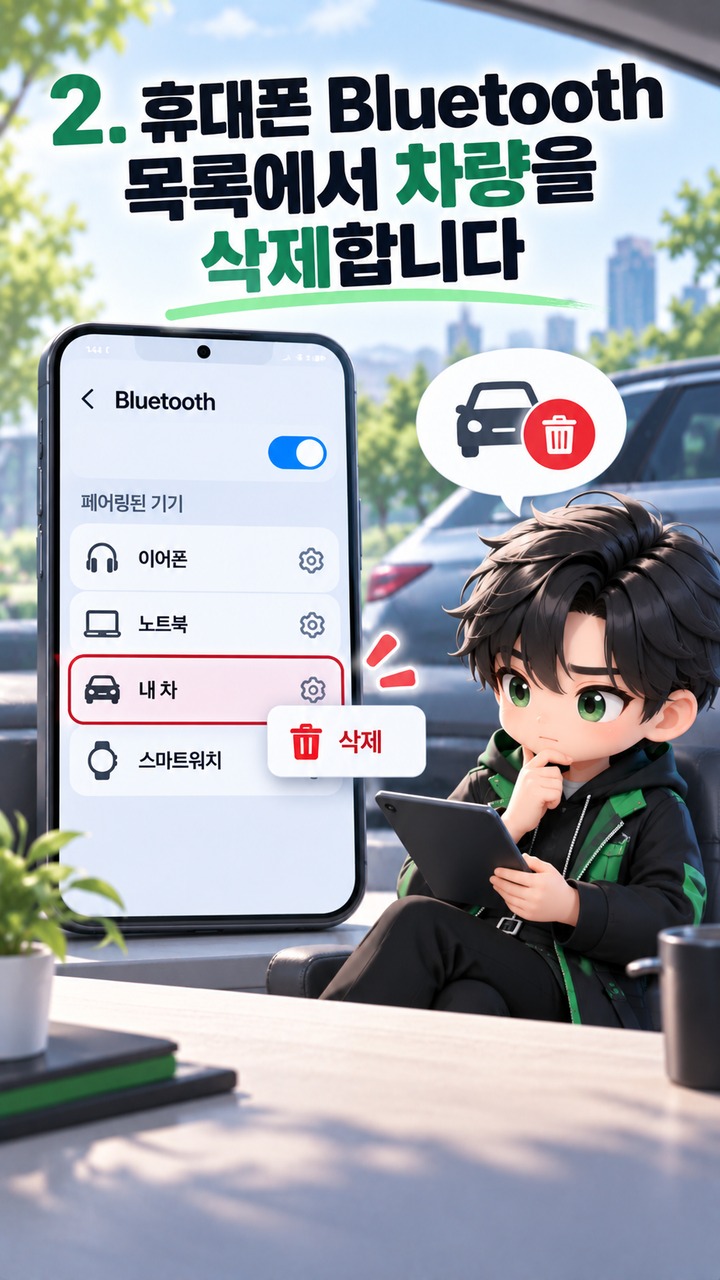 무선 Android Auto 계속 끊길 때, 휴대폰 설정부터 차량 연결 기록까지 다시 잡는 순서 - 2. 휴대폰 Bluetooth 목록에서 차량을 삭제합니다 핵심 내용을 정리한 정보형 이미지