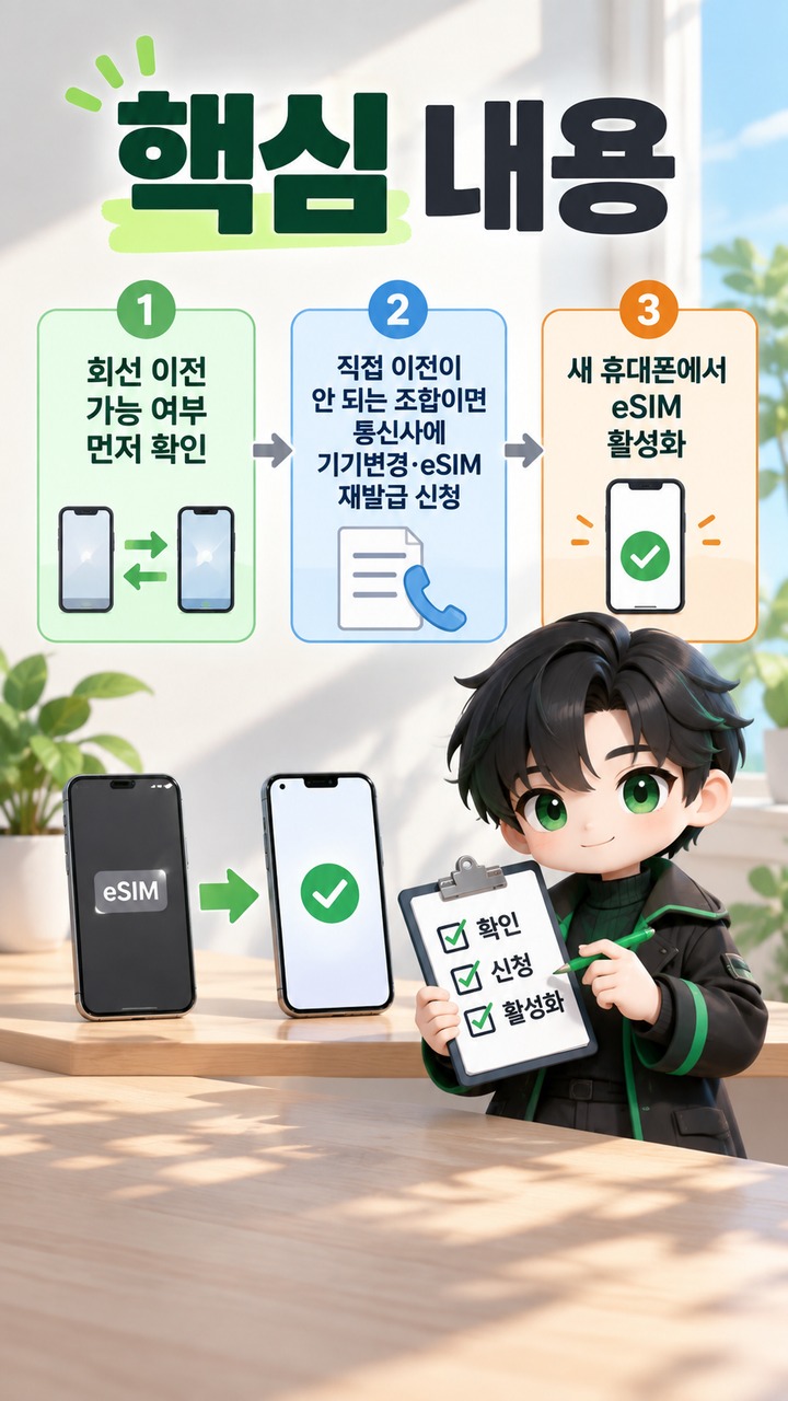 새 휴대폰 eSIM 옮기기, 기존 QR부터 찍지 말고 회선 이전 가능 여부부터 확인하세요 - 핵심 내용 핵심 내용을 정리한 정보형 이미지