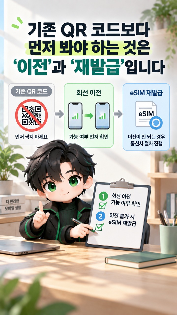 새 휴대폰 eSIM 옮기기, 기존 QR부터 찍지 말고 회선 이전 가능 여부부터 확인하세요 - 기존 QR 코드보다 먼저 봐야 하는 것은 ‘이전’과 ‘재발급’입니다 핵심 내용을 정리한 정보형 이미지