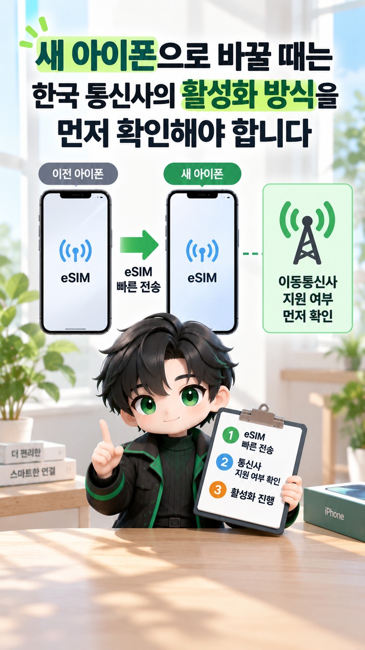 새 휴대폰 eSIM 옮기기, 기존 QR부터 찍지 말고 회선 이전 가능 여부부터 확인하세요 - 새 아이폰으로 바꿀 때는 한국 통신사의 활성화 방식을 먼저 확인해야 합니다 핵심 내용을 정리한 정보형 이미지