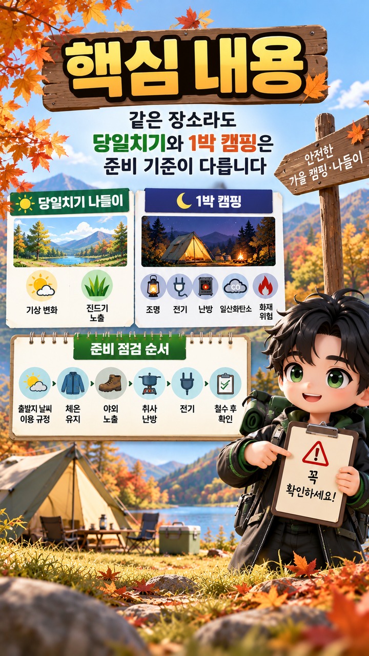 가을 캠핑·나들이 준비, 당일치기와 1박은 무엇이 달라질까—옷차림부터 화기까지 - 핵심 내용 핵심 내용을 정리한 정보형 이미지