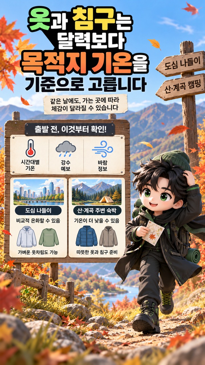 가을 캠핑·나들이 준비, 당일치기와 1박은 무엇이 달라질까—옷차림부터 화기까지 - 옷과 침구는 달력보다 목적지 기온을 기준으로 고릅니다 핵심 내용을 정리한 정보형 이미지