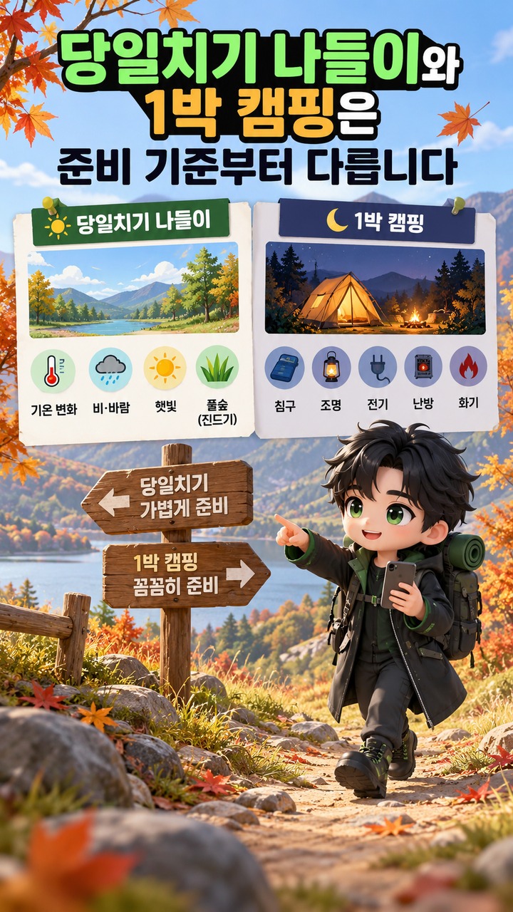 가을 캠핑·나들이 준비, 당일치기와 1박은 무엇이 달라질까—옷차림부터 화기까지 - 풀밭에서 오래 머문다면 진드기는 출발 전과 귀가 후를 함께 봐야 합니다 핵심 내용을 정리한 정보형 이미지