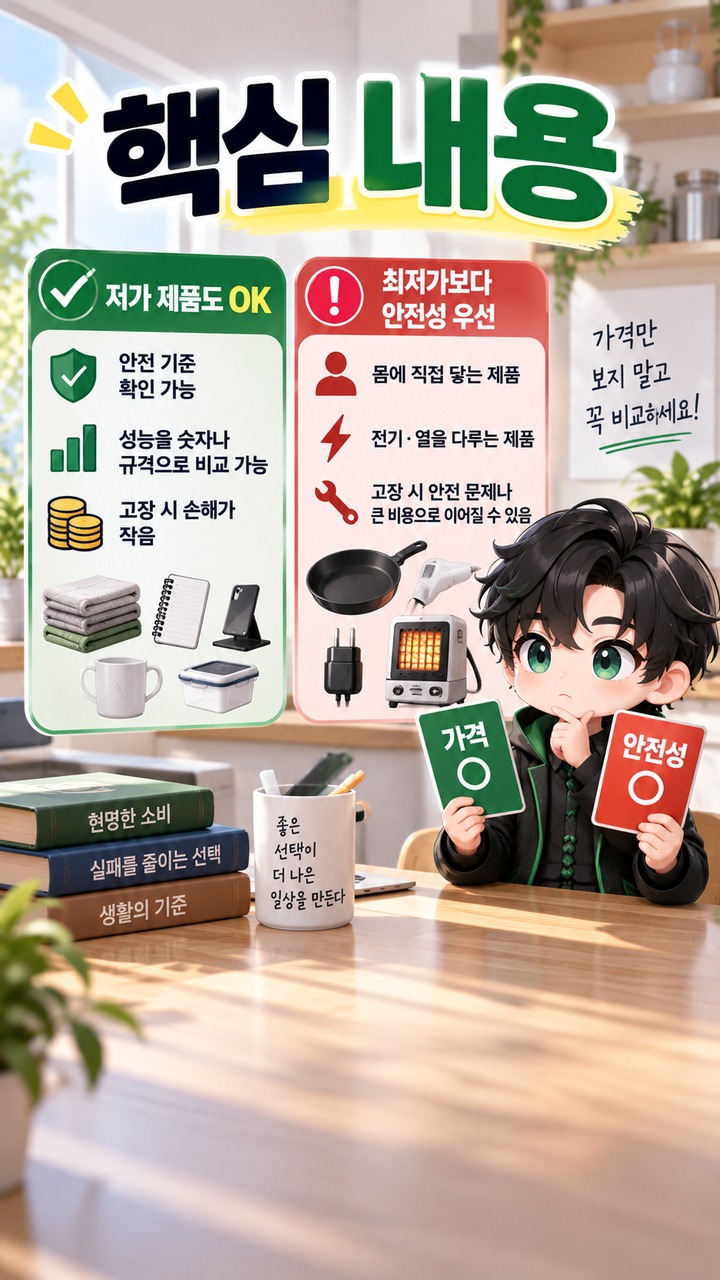 싼 제품을 사도 되는 품목, 가격보다 먼저 보면 실패가 줄어드는 5가지 기준 - 핵심 내용 핵심 내용을 정리한 정보형 이미지