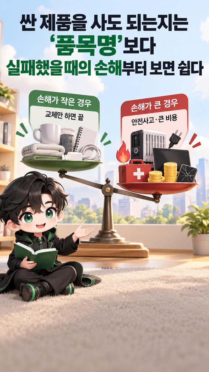 싼 제품을 사도 되는 품목, 가격보다 먼저 보면 실패가 줄어드는 5가지 기준 - 싼 제품을 사도 되는지는 ‘품목명’보다 실패했을 때의 손해부터 보면 쉽다 핵심 내용을 정리한 정보형 이미지