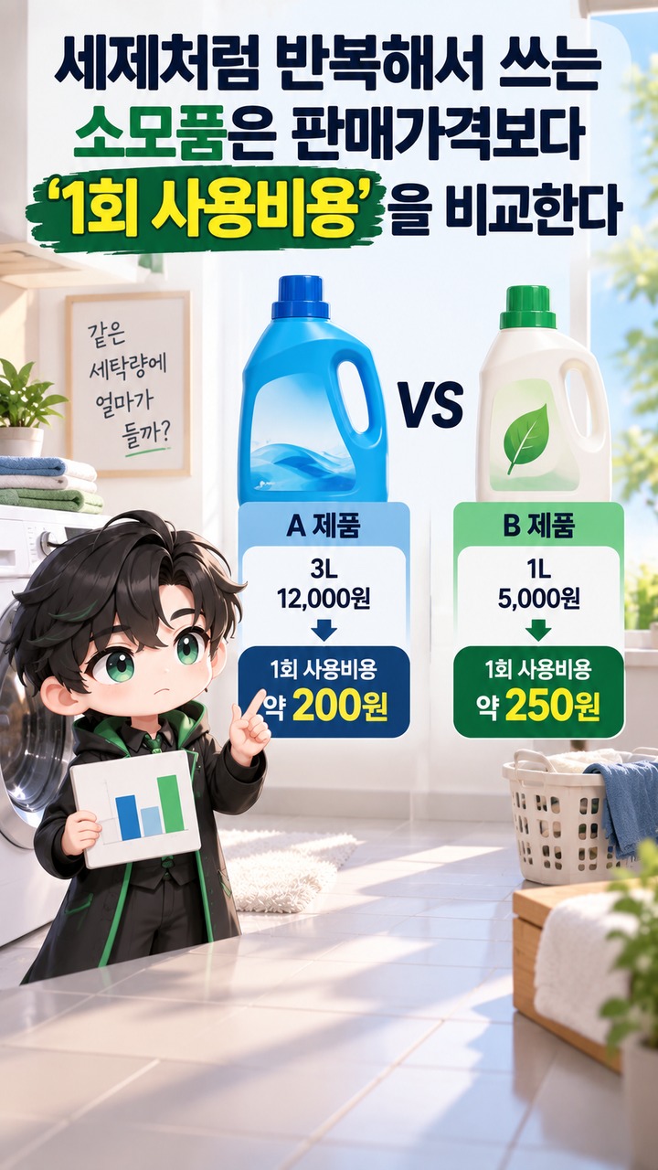 싼 제품을 사도 되는 품목, 가격보다 먼저 보면 실패가 줄어드는 5가지 기준 - 세제처럼 반복해서 쓰는 소모품은 판매가격보다 ‘1회 사용비용’을 비교한다 핵심 내용을 정리한 정보형 이미지
