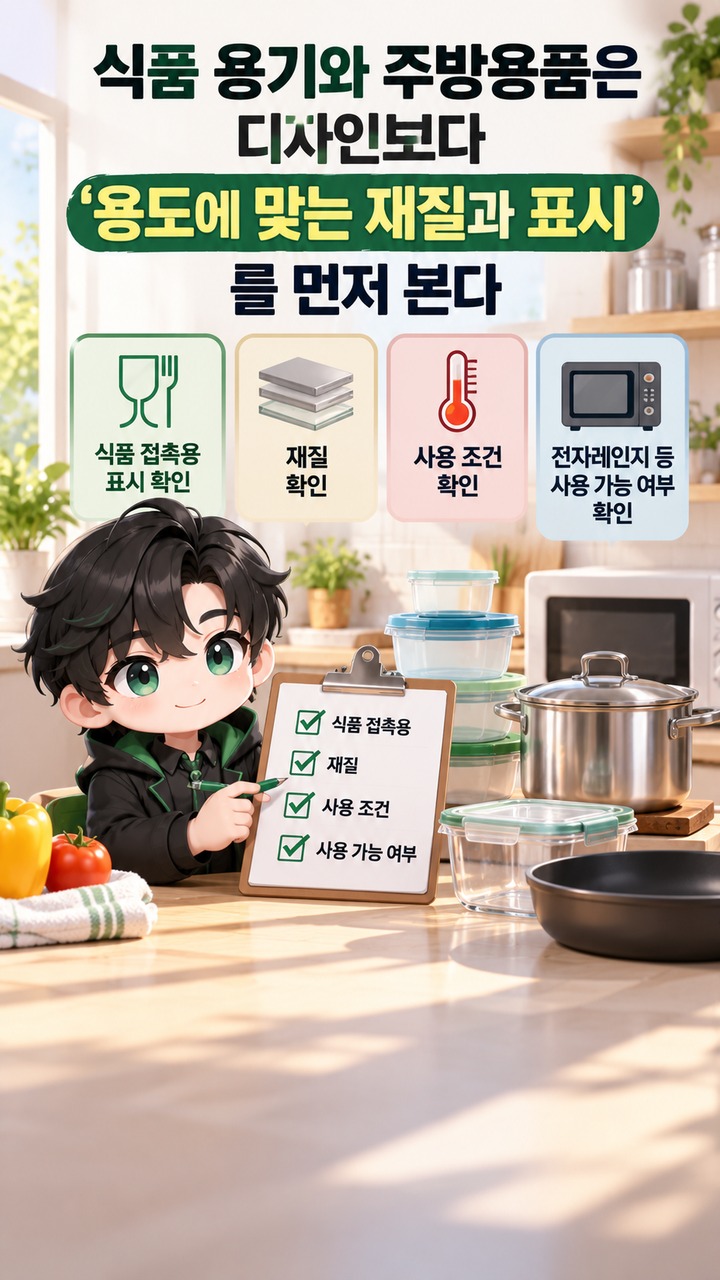 싼 제품을 사도 되는 품목, 가격보다 먼저 보면 실패가 줄어드는 5가지 기준 - 식품 용기와 주방용품은 디자인보다 ‘용도에 맞는 재질과 표시’를 먼저 본다 핵심 내용을 정리한 정보형 이미지