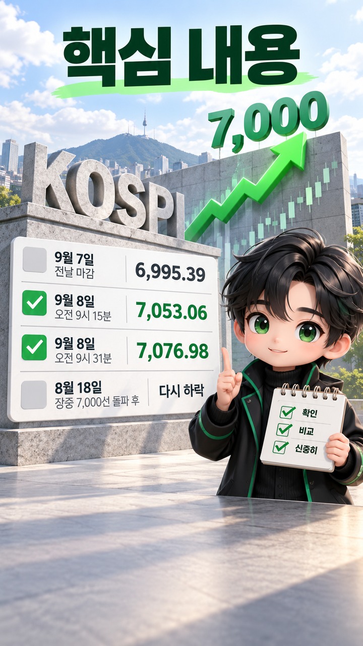 코스피 7000 안착 가능할까, 15거래일 만의 재돌파에서 봐야 할 숫자 - 핵심 내용 핵심 내용을 정리한 정보형 이미지