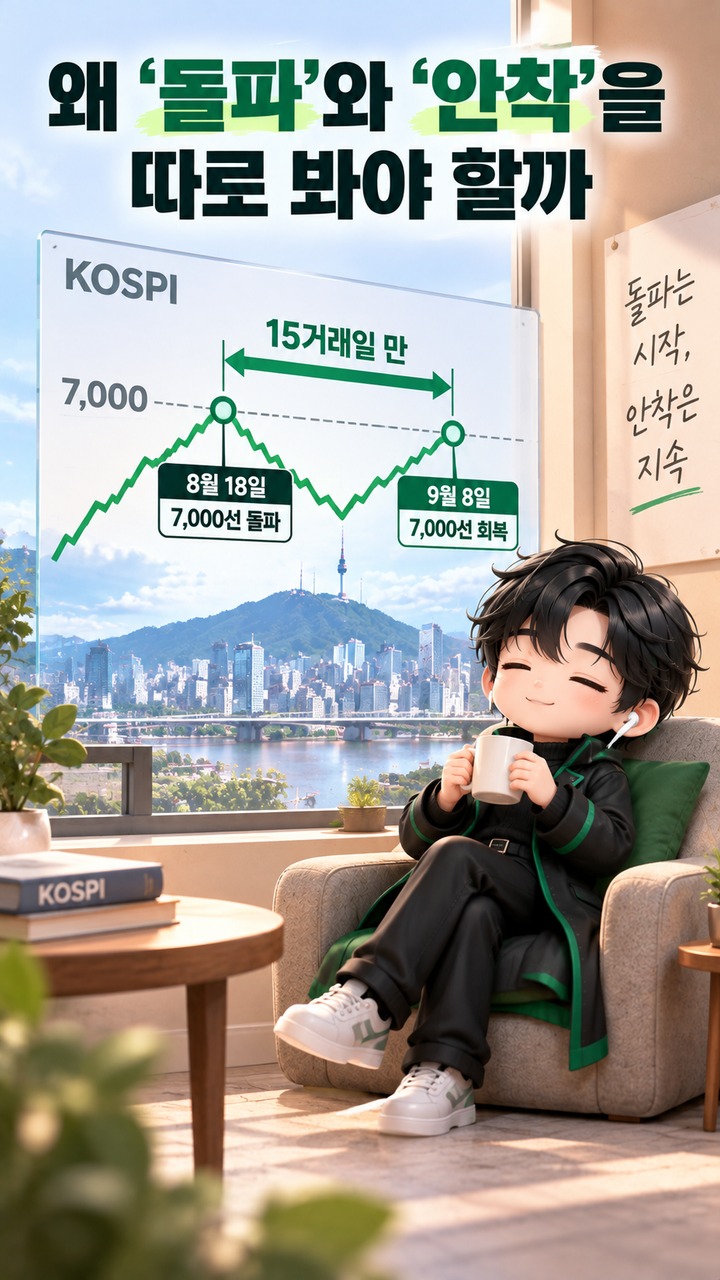 코스피 7000 안착 가능할까, 15거래일 만의 재돌파에서 봐야 할 숫자 - 왜 ‘돌파’와 ‘안착’을 따로 봐야 할까 핵심 내용을 정리한 정보형 이미지