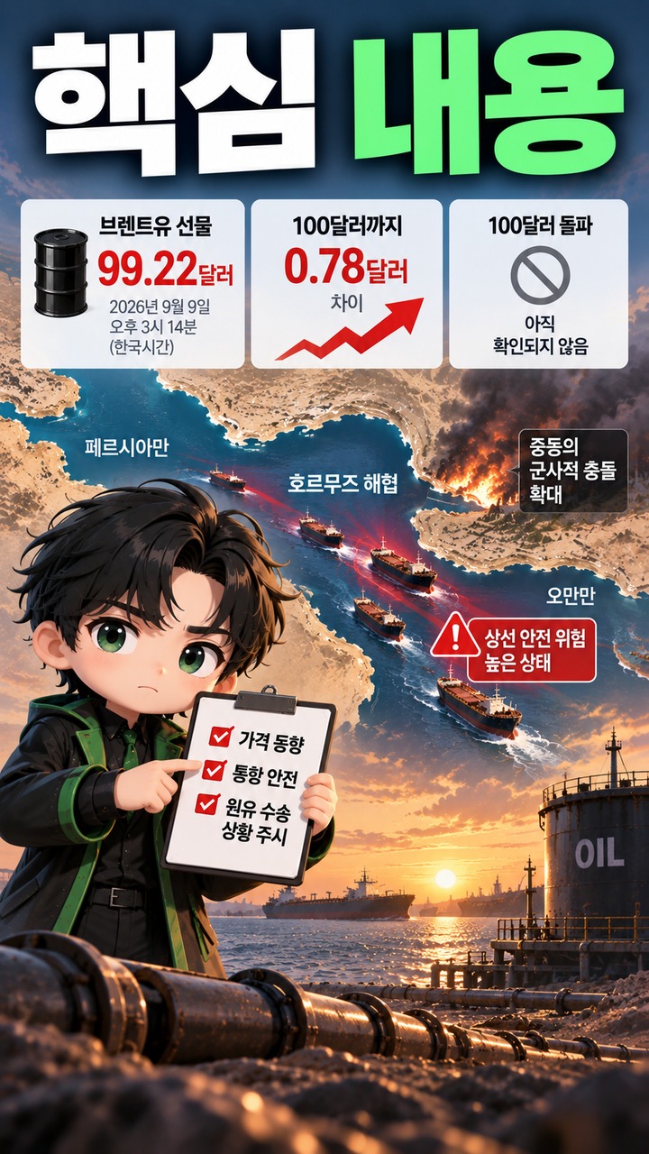브렌트유 100달러 눈앞, 호르무즈 통항 불안이 다시 중요해진 이유 - 핵심 내용 핵심 내용을 정리한 정보형 이미지