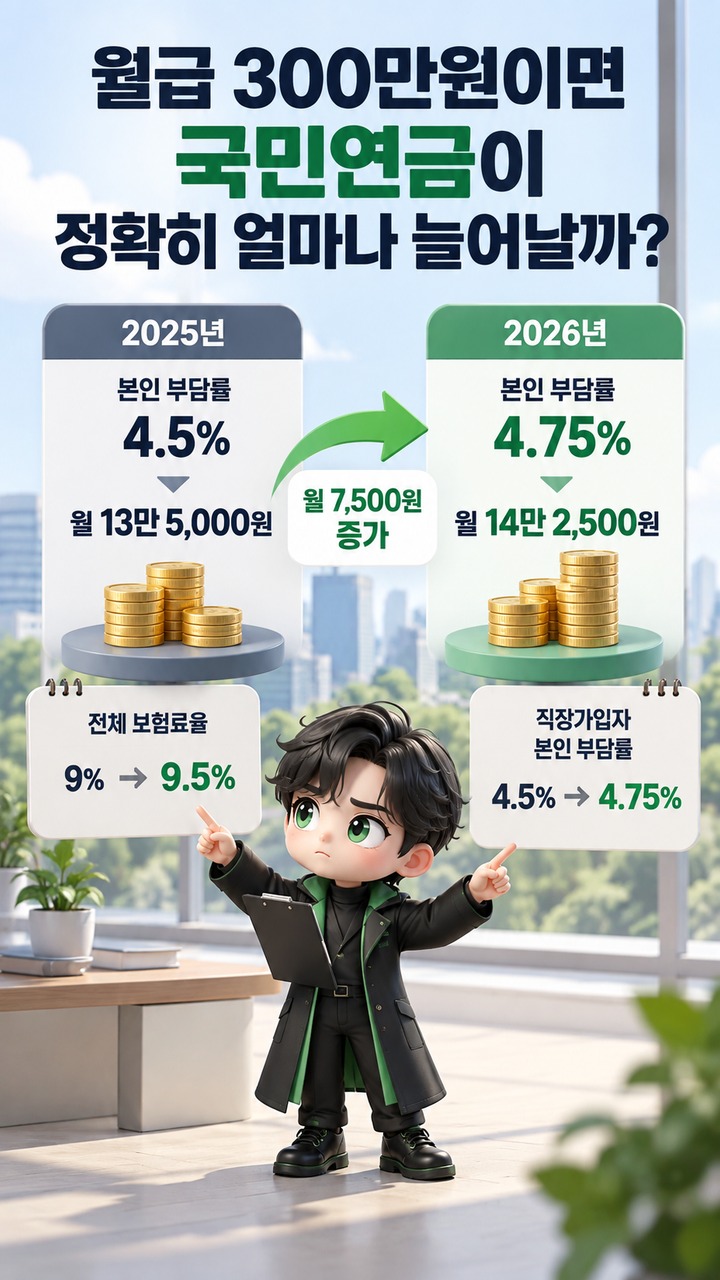 국민연금 보험료율 9.5%, 월급 300만원 직장인은 월 7,500원 더 낸다