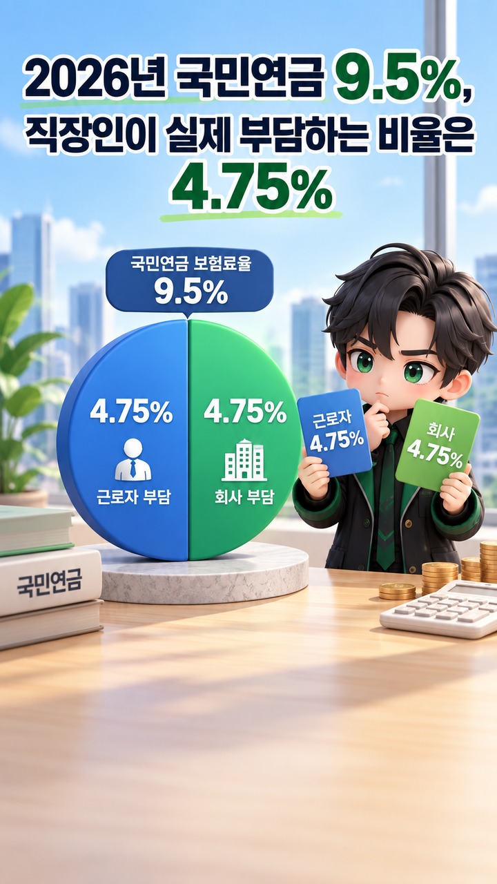 국민연금 보험료율 9.5% 적용, 월급 300만원 직장인이 7,500원 더 내는 조건 - 2026년 국민연금 9.5%, 직장인이 실제 부담하는 비율은 4.75% 핵심 내용을 정리한 정보형 이미지