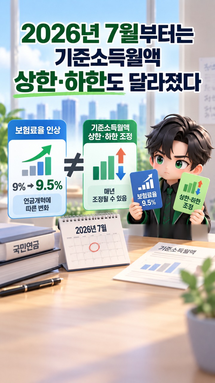 국민연금 보험료율 9.5% 적용, 월급 300만원 직장인이 7,500원 더 내는 조건 - 2026년 7월부터는 기준소득월액 상한·하한도 달라졌다 핵심 내용을 정리한 정보형 이미지