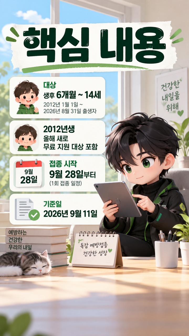 2026 독감 무료접종 2012년생 포함, 무료접종은 9월 28일부터 - 핵심 내용 핵심 내용을 정리한 정보형 이미지