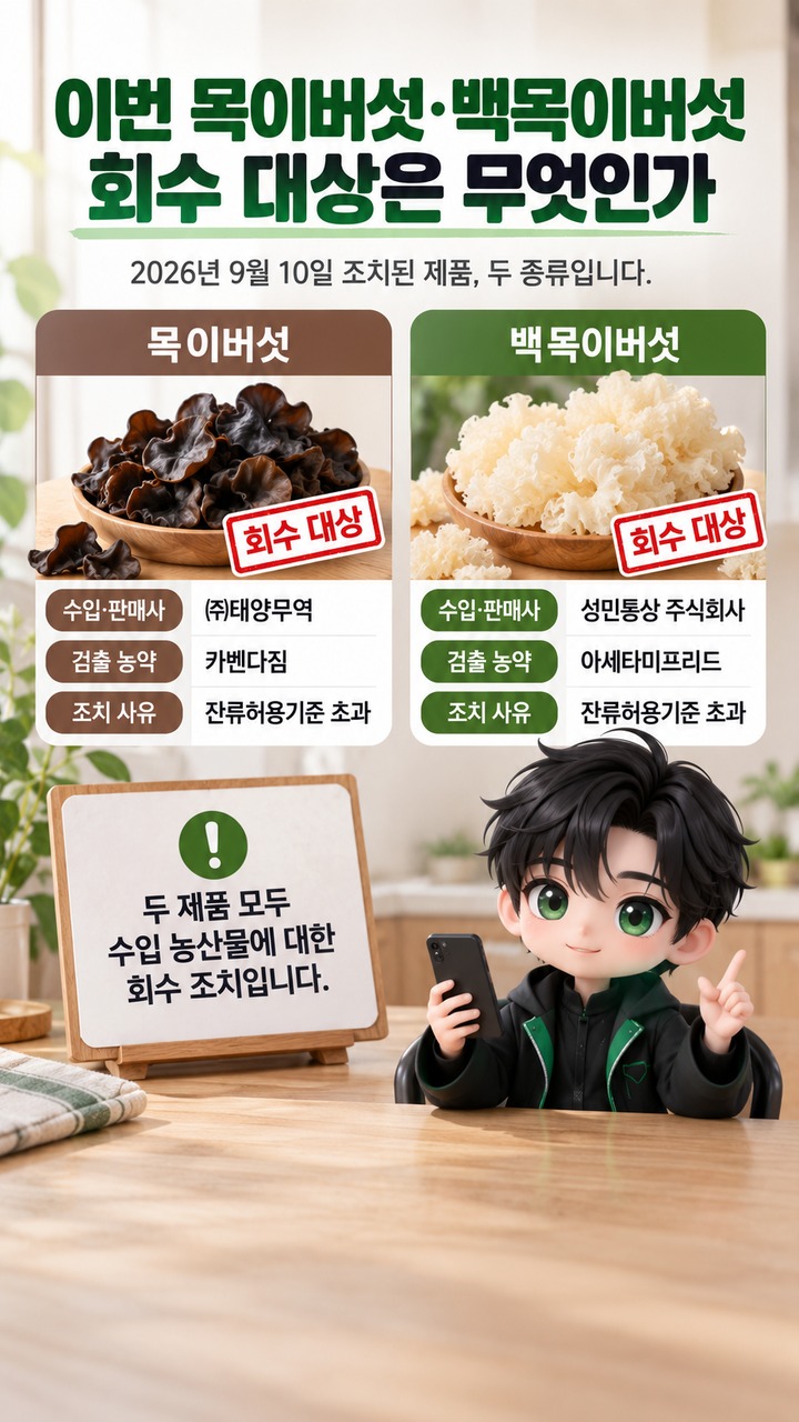 목이버섯·백목이버섯 회수, 잔류농약 기준 초과…내 제품 확인과 반품 방법 - 이번 목이버섯·백목이버섯 회수 대상은 무엇인가 핵심 내용을 정리한 정보형 이미지