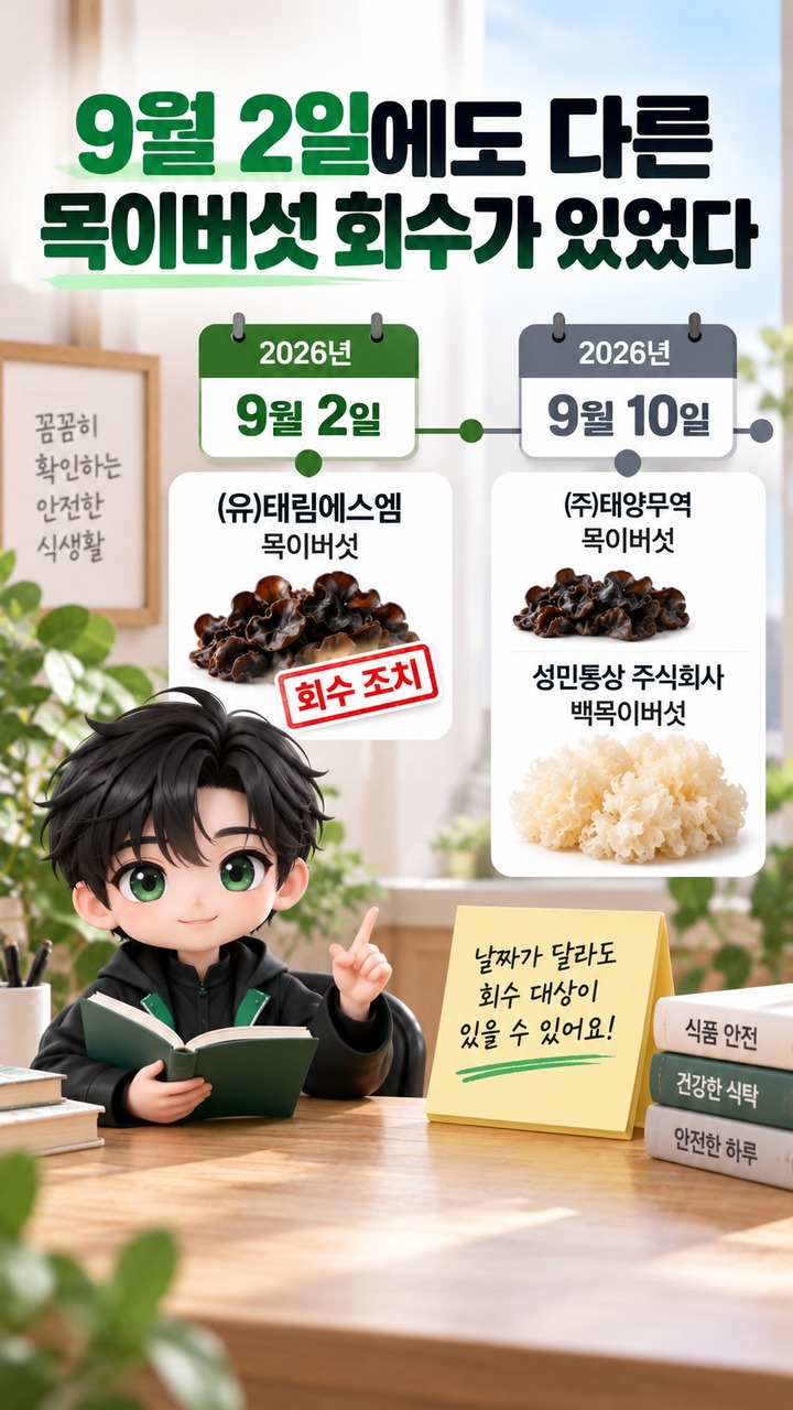 목이버섯·백목이버섯 회수, 잔류농약 기준 초과…내 제품 확인과 반품 방법 - 9월 2일에도 다른 목이버섯 회수가 있었다 핵심 내용을 정리한 정보형 이미지