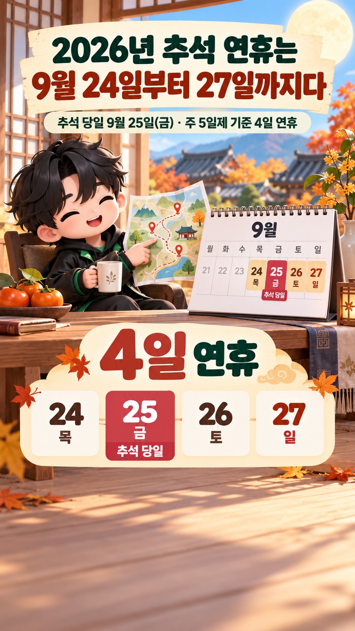 2026년 추석 연휴는 9월 24일부터 27일까지다 - 2026년 추석 연휴는 9월 24일부터 27일까지다 핵심 내용을 정리한 정보형 이미지