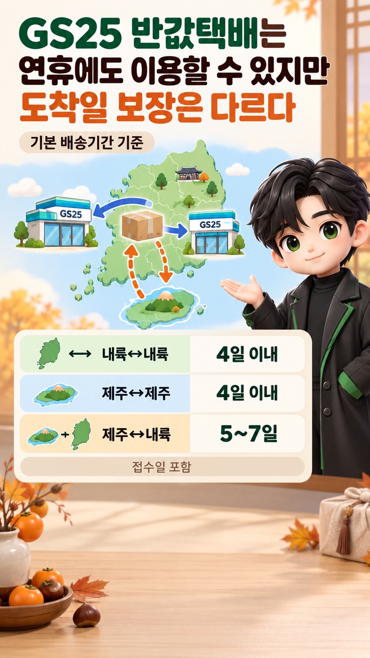 2026년 추석 연휴는 9월 24일부터 27일까지다 - GS25 반값택배는 연휴에도 이용할 수 있지만 도착일 보장은 다르다 핵심 내용을 정리한 정보형 이미지