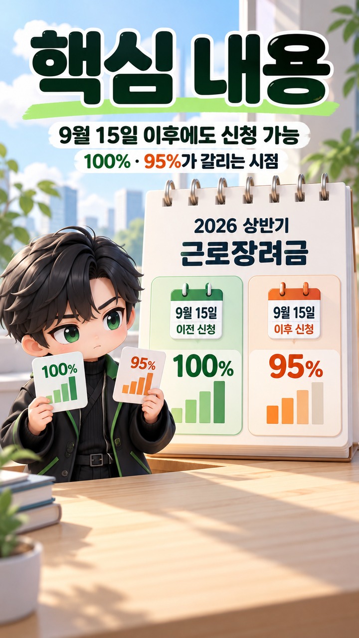 9월 15일을 놓치면 근로장려금을 못 받는 것은 아니다 - 핵심 내용 핵심 내용을 정리한 정보형 이미지