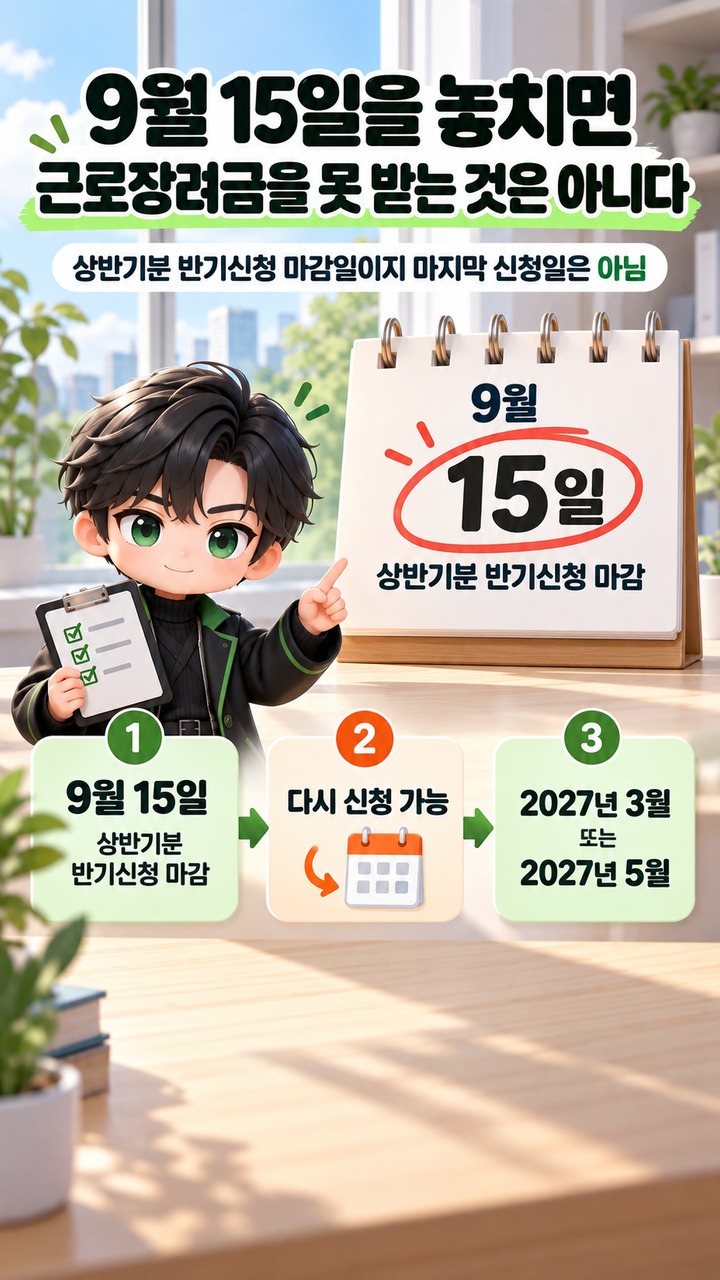 9월 15일을 놓치면 근로장려금을 못 받는 것은 아니다 - 9월 15일을 놓치면 근로장려금을 못 받는 것은 아니다 핵심 내용을 정리한 정보형 이미지