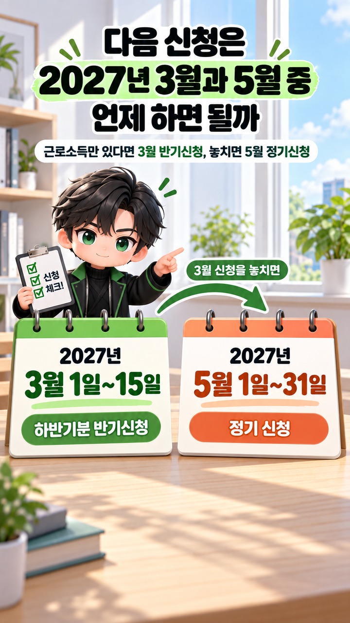 9월 15일을 놓치면 근로장려금을 못 받는 것은 아니다 - 다음 신청은 2027년 3월과 5월 중 언제 하면 될까 핵심 내용을 정리한 정보형 이미지
