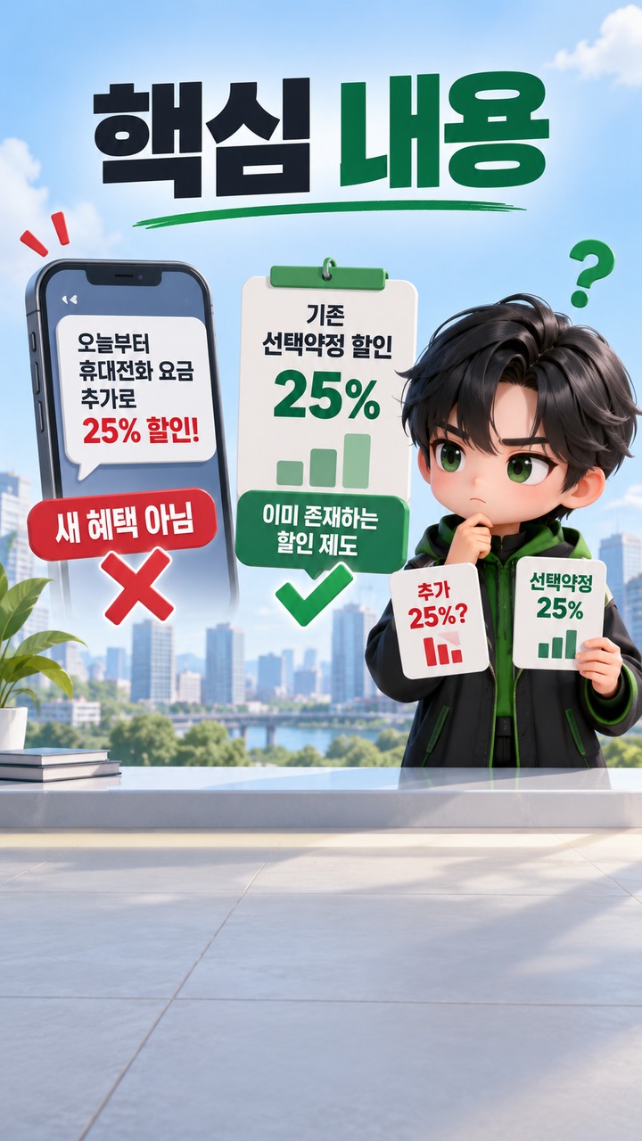 통신비 25% 추가 할인 문자, 새 혜택 아니다…선택약정 대상부터 확인해야 - 핵심 내용 핵심 내용을 정리한 정보형 이미지