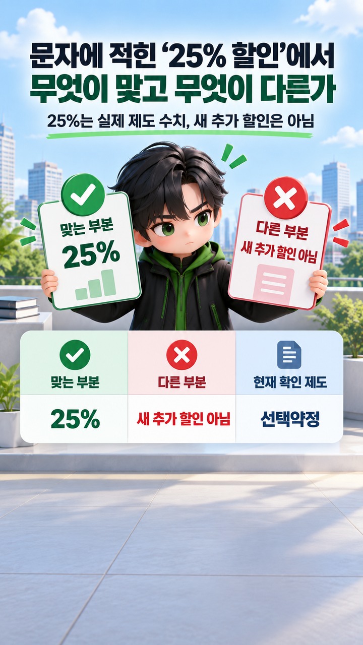 통신비 25% 추가 할인 문자, 새 혜택 아니다…선택약정 대상부터 확인해야 - 문자에 적힌 ‘25% 할인’에서 무엇이 맞고 무엇이 다른가 핵심 내용을 정리한 정보형 이미지