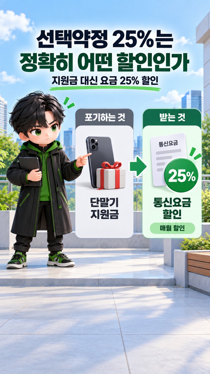 통신비 25% 추가 할인 문자, 새 혜택 아니다…선택약정 대상부터 확인해야 - 선택약정 25%는 정확히 어떤 할인인가 핵심 내용을 정리한 정보형 이미지