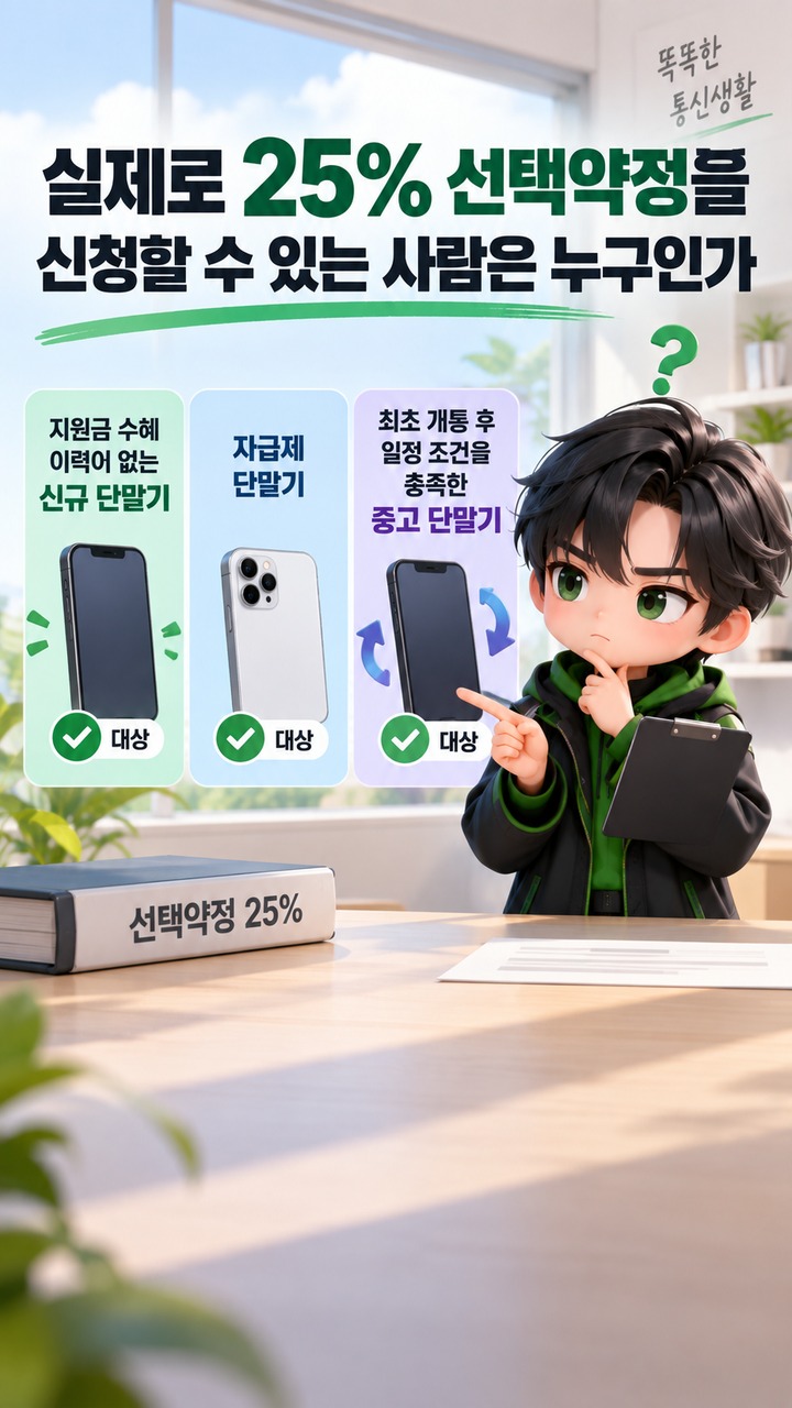 통신비 25% 추가 할인 문자, 새 혜택 아니다…선택약정 대상부터 확인해야 - 실제로 25% 선택약정을 신청할 수 있는 사람은 누구인가 핵심 내용을 정리한 정보형 이미지