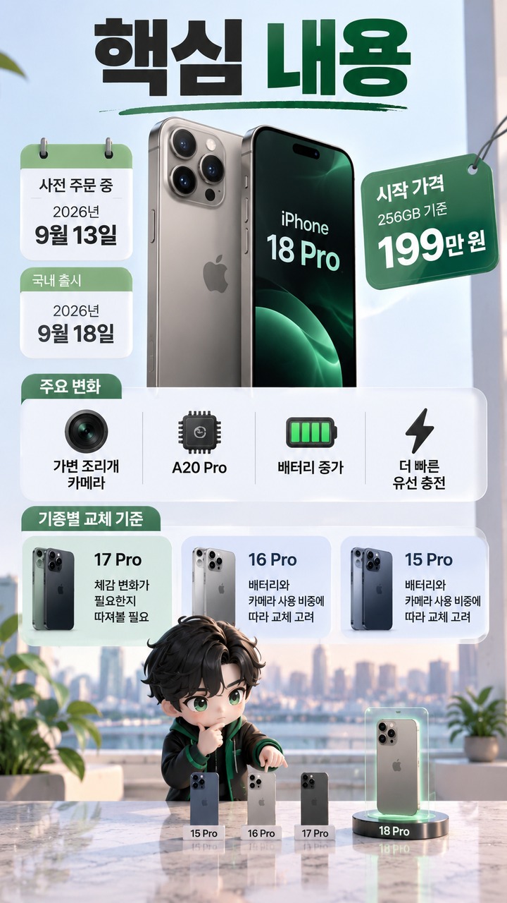 아이폰 18 프로 바꿔야 할까? 17 Pro·16 Pro·15 Pro별 교체 기준 - 핵심 내용 핵심 내용을 정리한 정보형 이미지