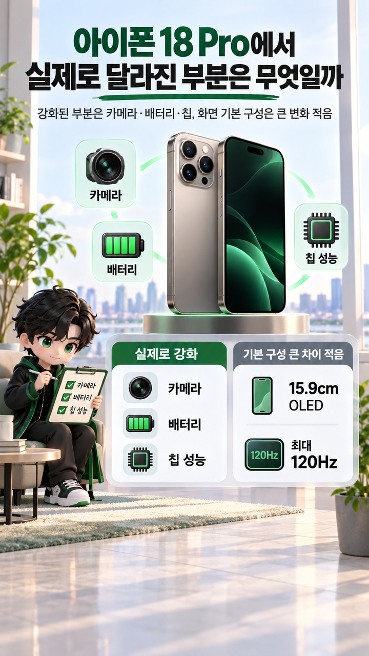 아이폰 18 프로 바꿔야 할까? 17 Pro·16 Pro·15 Pro별 교체 기준 - 아이폰 18 Pro에서 실제로 달라진 부분은 무엇일까 핵심 내용을 정리한 정보형 이미지