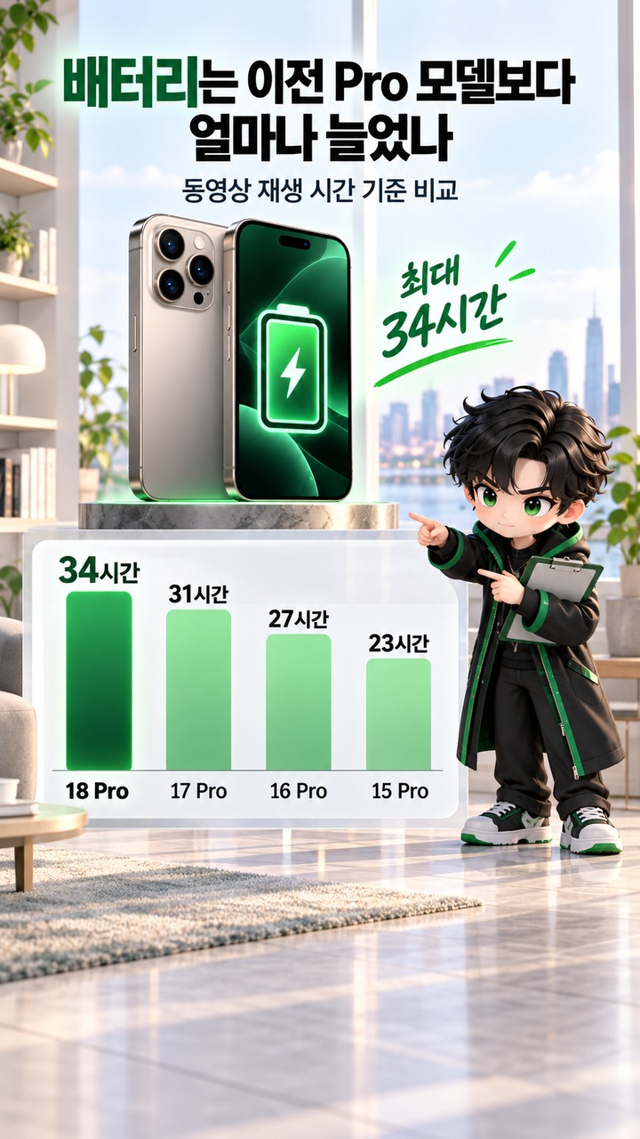 아이폰 18 프로 바꿔야 할까? 17 Pro·16 Pro·15 Pro별 교체 기준 - 배터리는 이전 Pro 모델보다 얼마나 늘었나 핵심 내용을 정리한 정보형 이미지