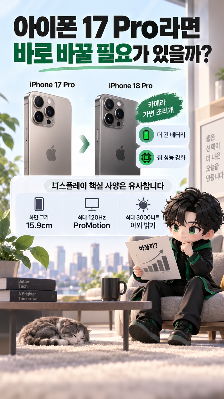 아이폰 18 프로 바꿔야 할까? 17 Pro·16 Pro·15 Pro별 교체 기준 - 아이폰 17 Pro라면 바로 바꿀 필요가 있을까 핵심 내용을 정리한 정보형 이미지