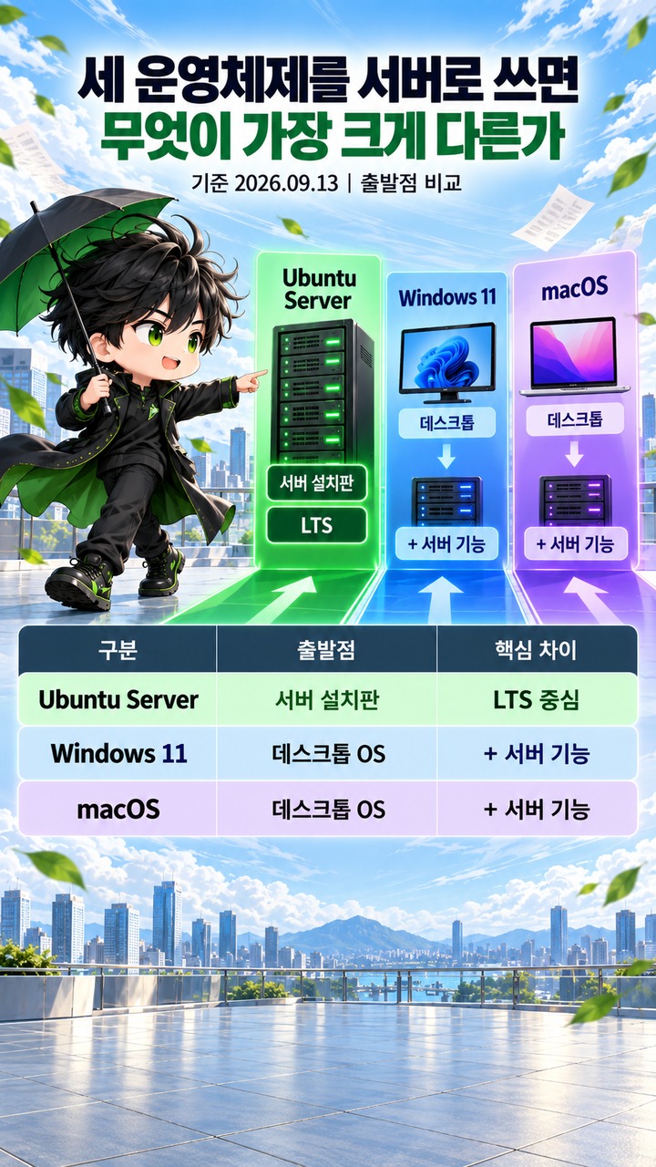 윈도우11·리눅스·macOS 서버 비교# 윈도우11·리눅스·macOS 서버 비교, 24시간 운영에서 갈리는 선택 기준 - 세 운영체제를 서버로 쓰면 무엇이 가장 크게 다른가 핵심 내용을 정리한 정보형 이미지