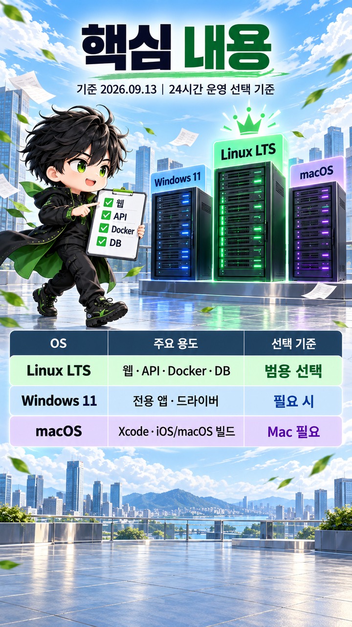 윈도우11·리눅스·macOS 서버 비교# 윈도우11·리눅스·macOS 서버 비교, 24시간 운영에서 갈리는 선택 기준 - Windows 11 서버가 더 편한 경우도 분명히 있다 핵심 내용을 정리한 정보형 이미지