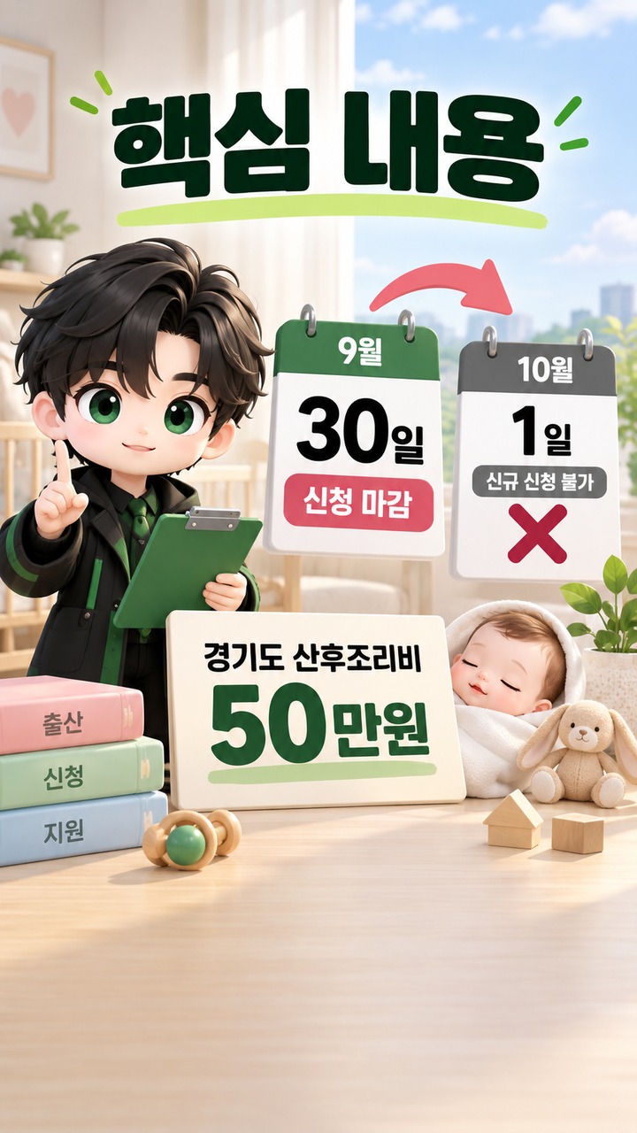 경기도 산후조리비 9월 30일 마감, 10월생은 왜 신청할 수 없나# 경기도 산후조리비 9월 30일 마감, 10월생은 왜 신청할 수 없나 - 핵심 내용 핵심 내용을 정리한 정보형 이미지